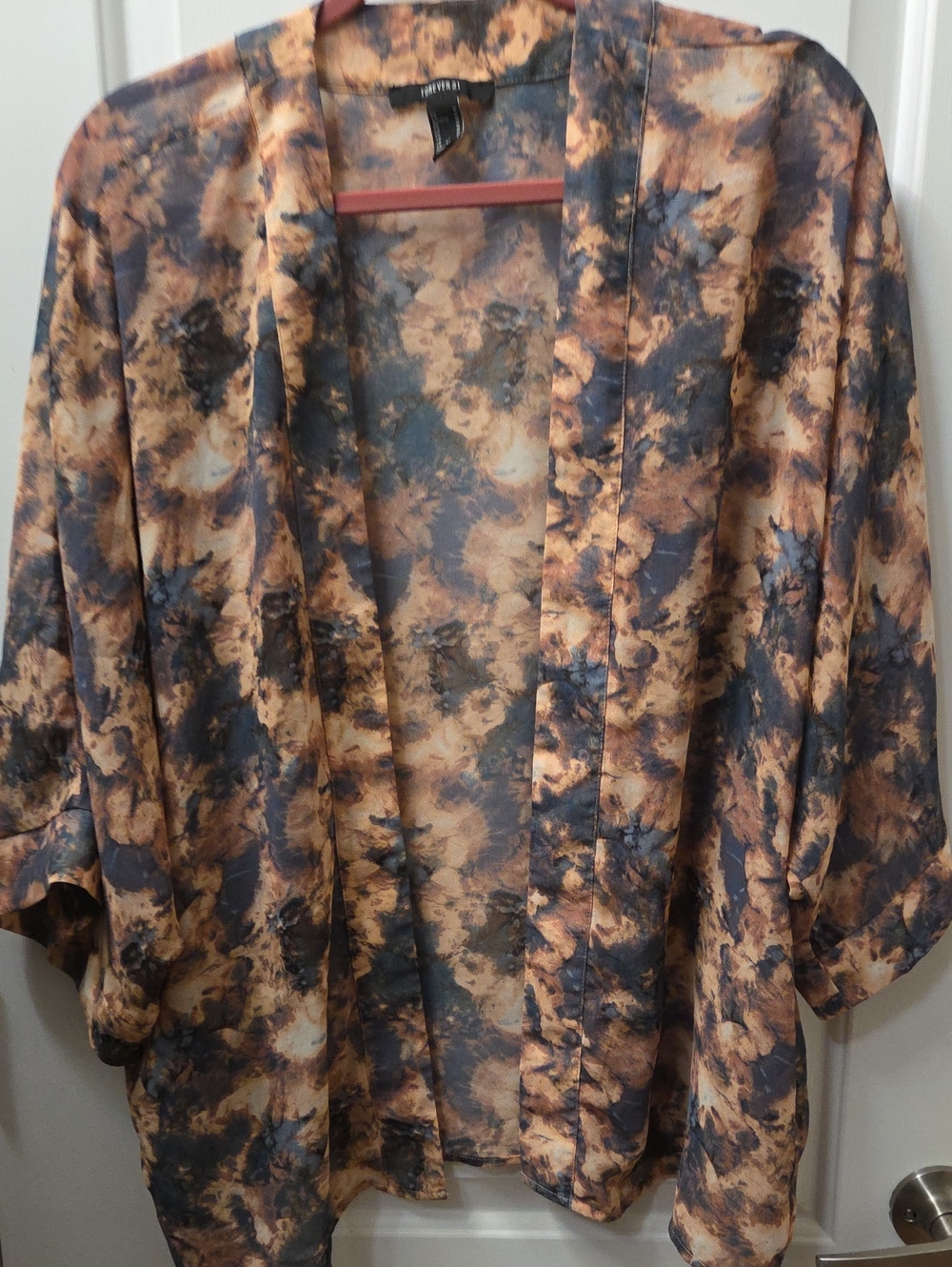 Forever 21 Tan & Black Tie-Dye Open Front Kimono